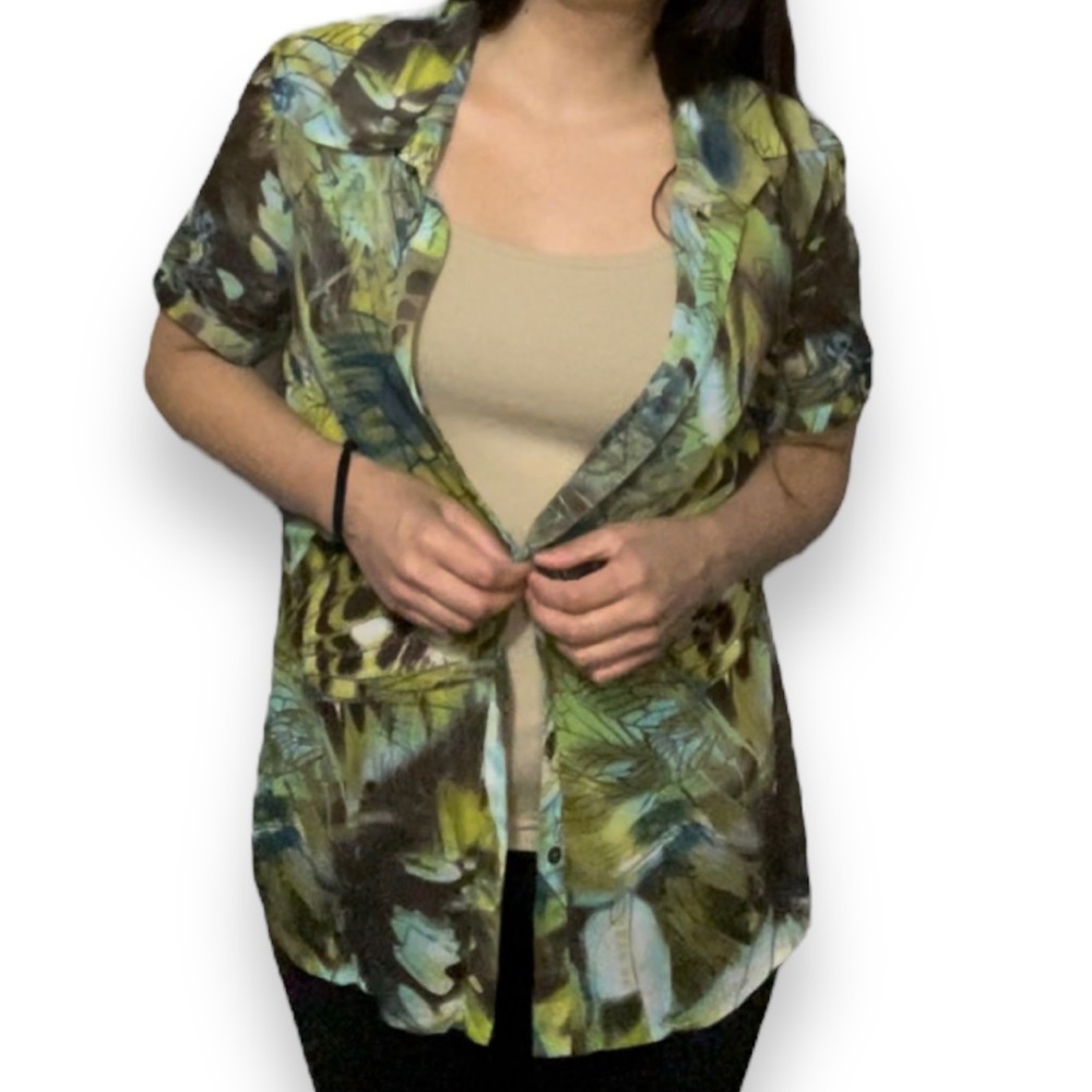 Tall Girl -‎ Abstract Vintage Sheer Short sleeve button up cover up top blouse